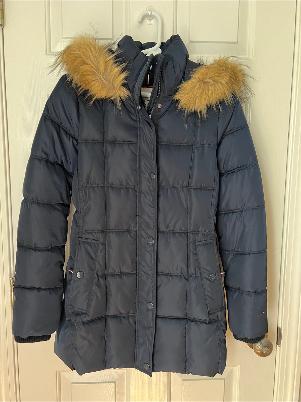 Tommy Hilfiger Navy Puffer Coat with Faux Fur Hood Trim